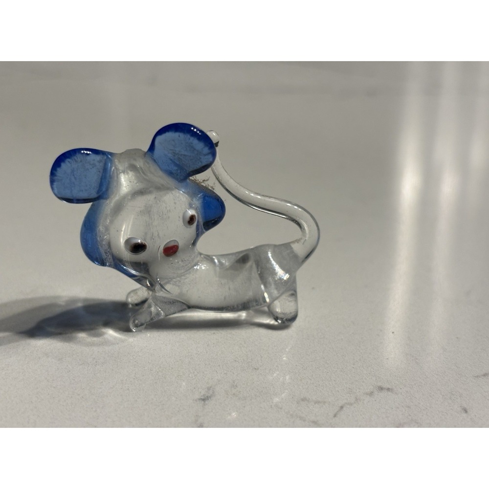 Hand Blown clear‎ Art Glass Miniature Mouse Figurine with Tail Blue Clear